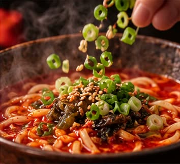 ユッケジャン麺に刻みねぎを散らして仕上げる様子