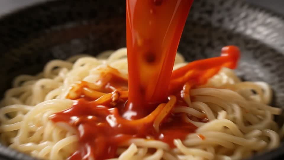 茹でた麺にユッケジャンスープを注ぐ様子
